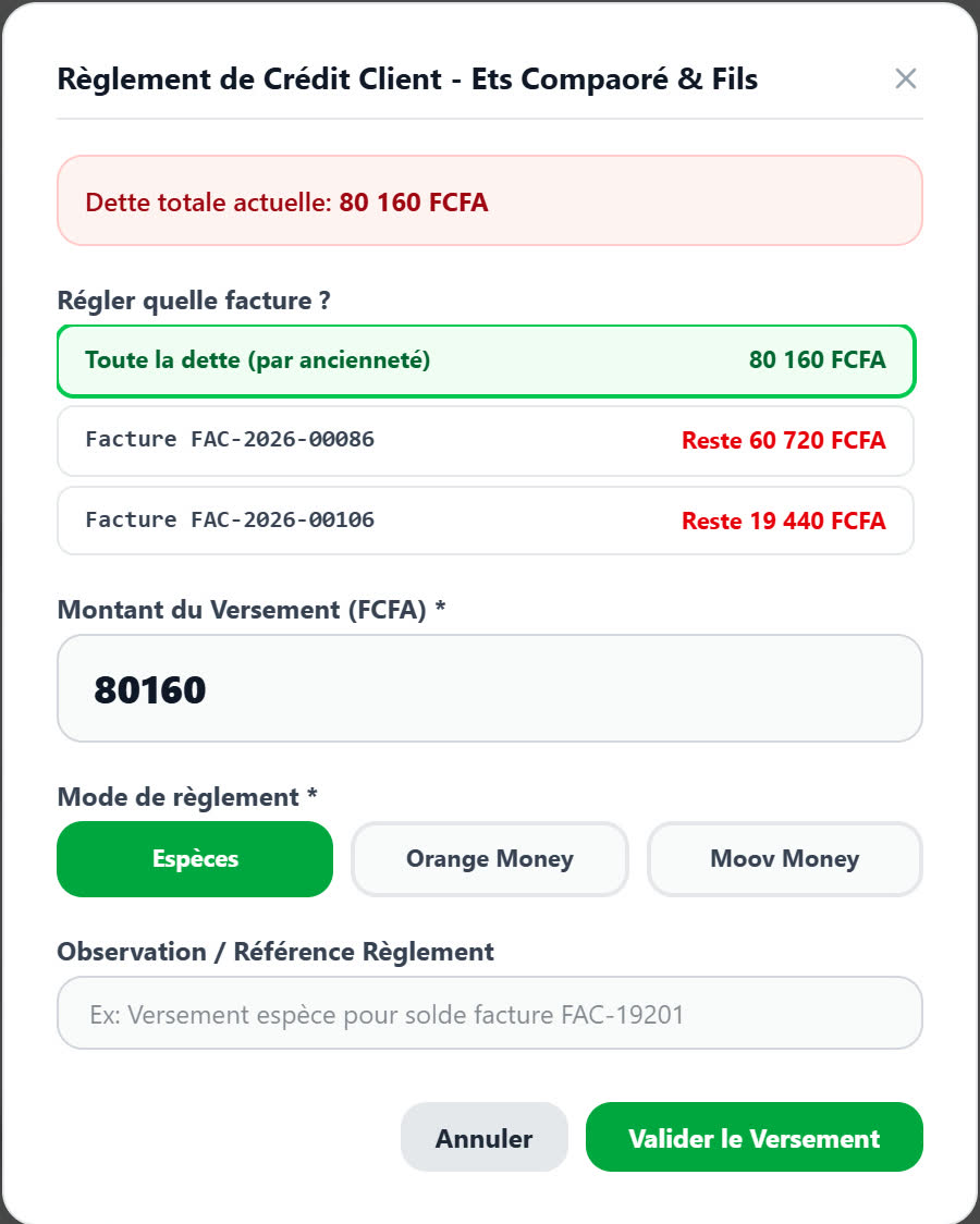 Enregistrement d’un acompte sur une dette client dans SHOPIYA
