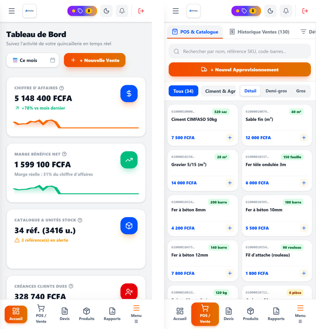 SHOPIYA sur téléphone : tableau de bord et caisse