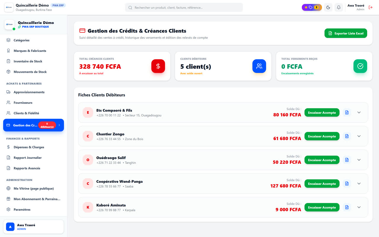 Liste des clients débiteurs et soldes dus dans SHOPIYA