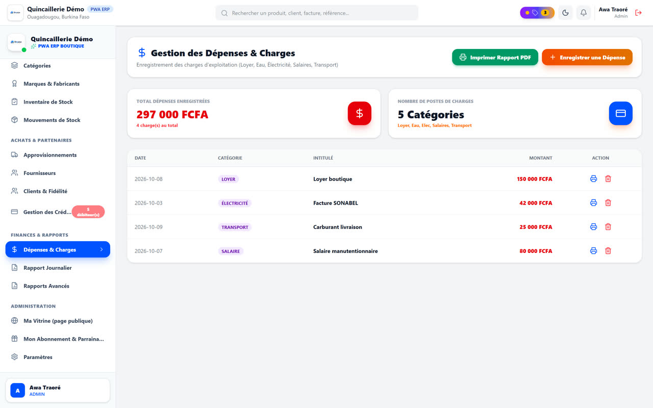 Suivi des dépenses et charges dans SHOPIYA