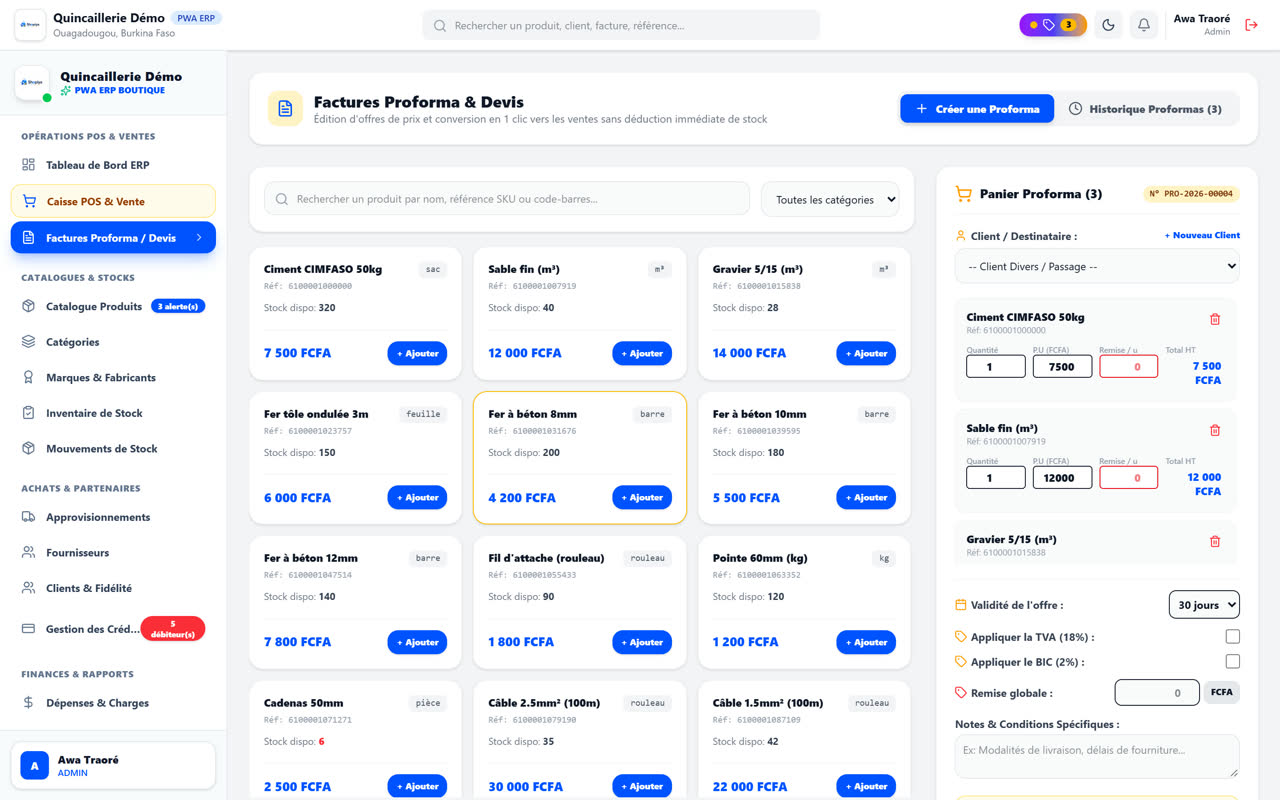 Devis proforma pour un chantier dans SHOPIYA