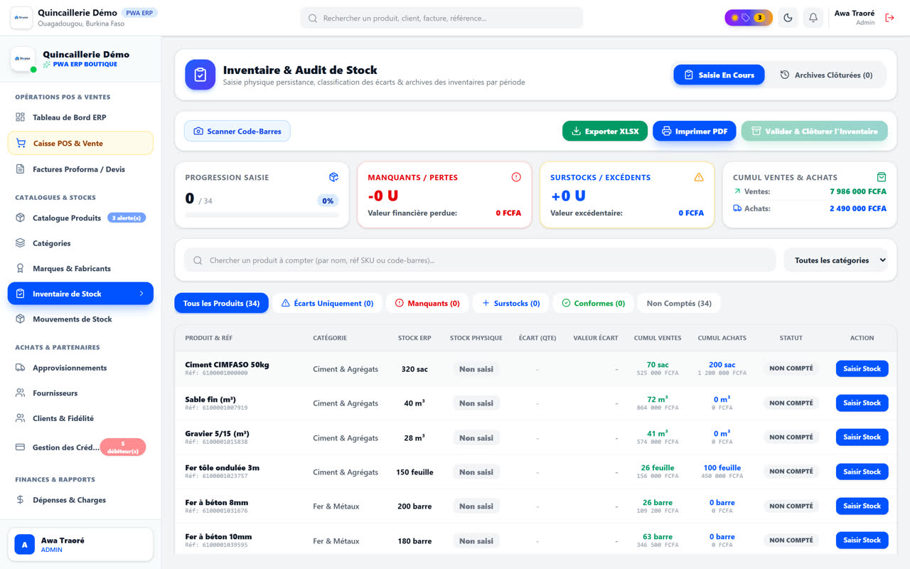 Inventaire et audit de stock dans SHOPIYA : écarts et valeur des pertes
