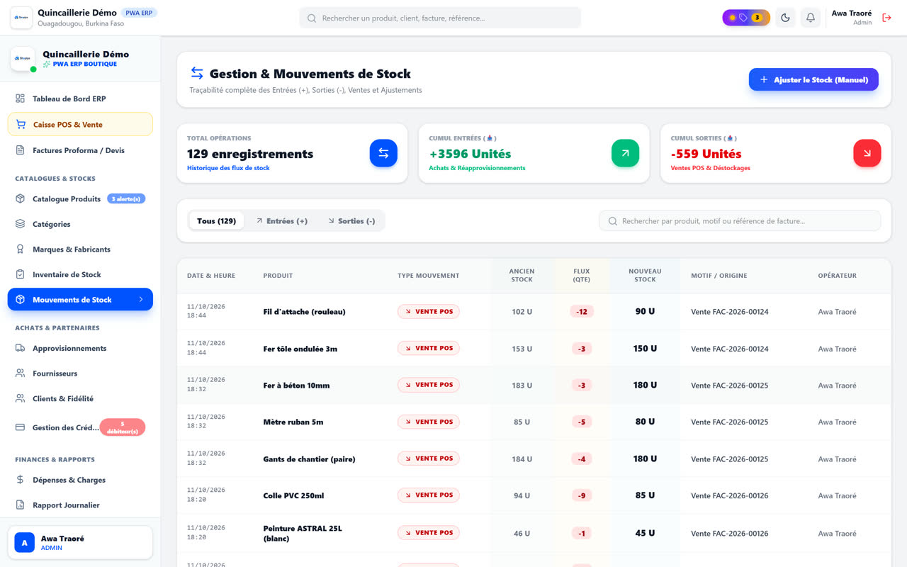 Historique des mouvements de stock dans SHOPIYA