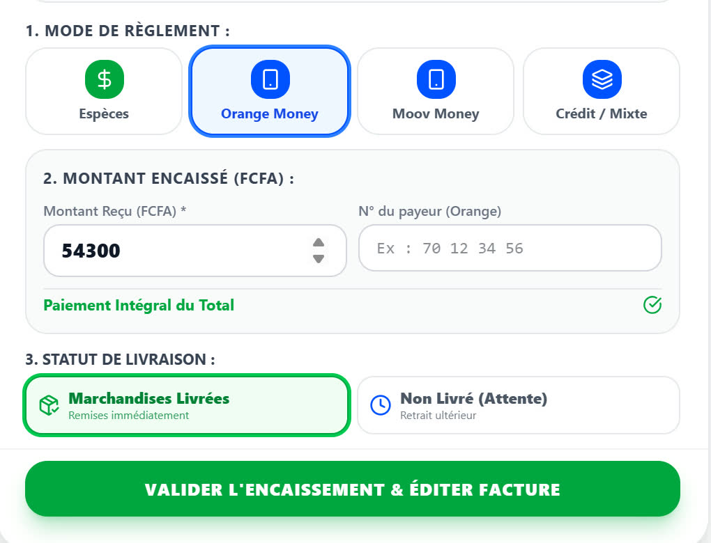 Paiement Orange Money, Moov Money ou crédit dans la caisse SHOPIYA