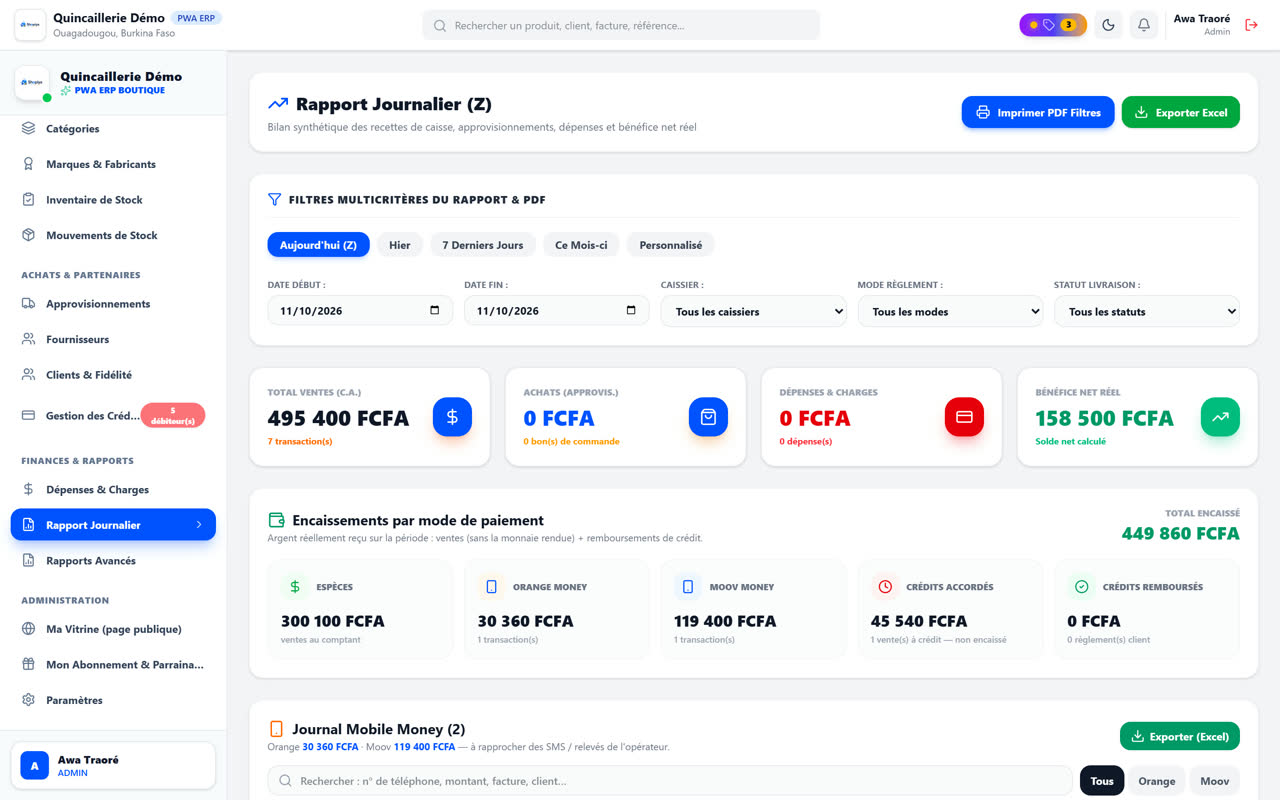 Rapport journalier SHOPIYA : encaissements par mode de paiement